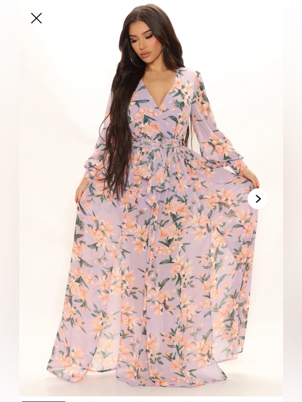 Fashion Nova Lavender Floral Wrap Maxi Dress with Peach Blooms